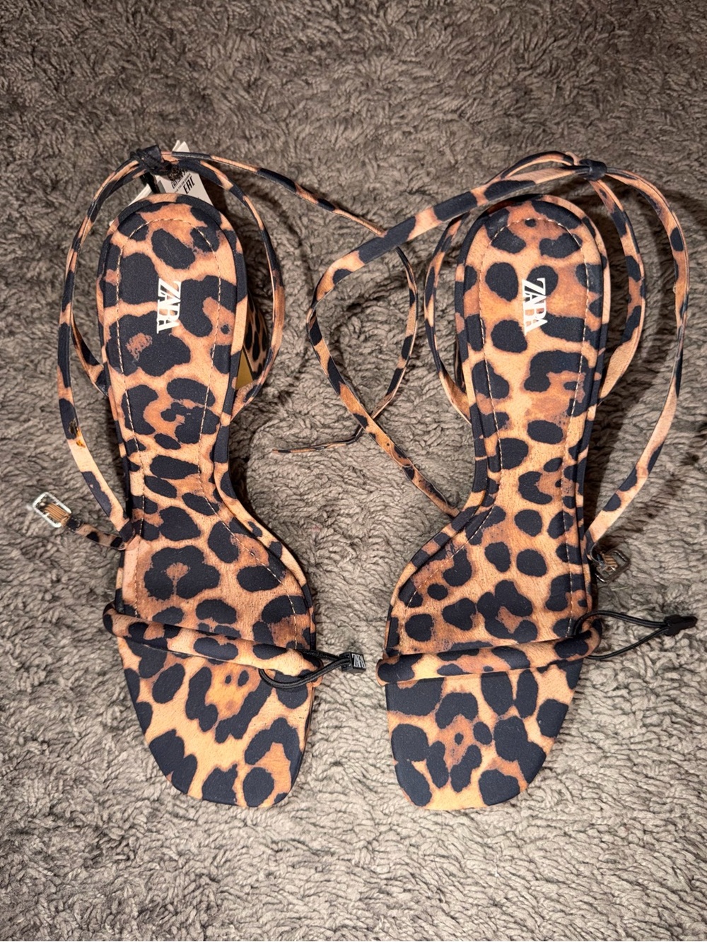 ZARA Leopard-Print Lace-Up Heeled Sandals - Brown/Black